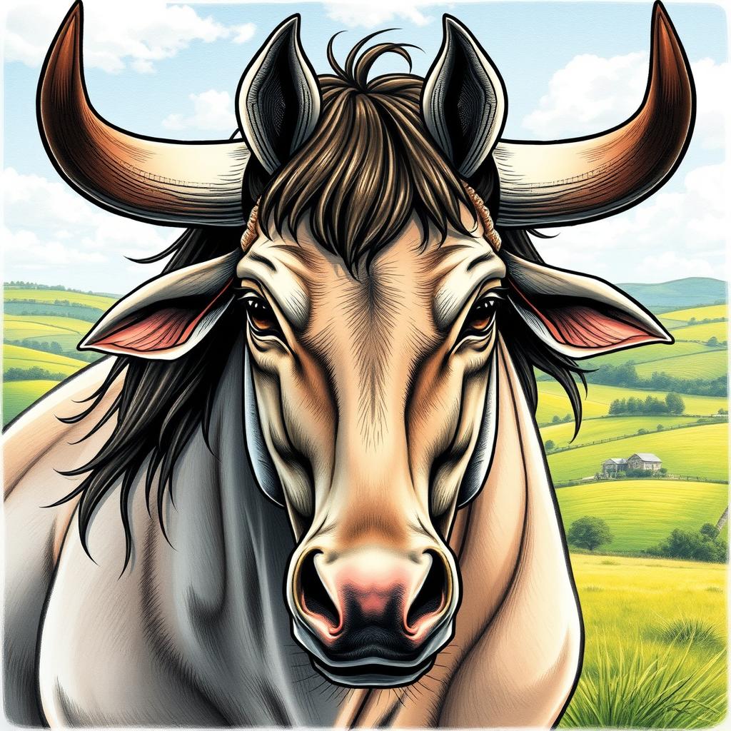 A striking illustration that creatively combines the face of a bull and a horse into one unique creature