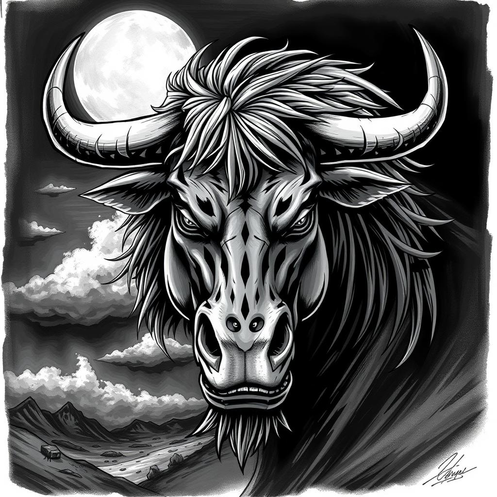 A chilling black and white illustration that combines the fierce features of a bull and a horse into a menacing creature
