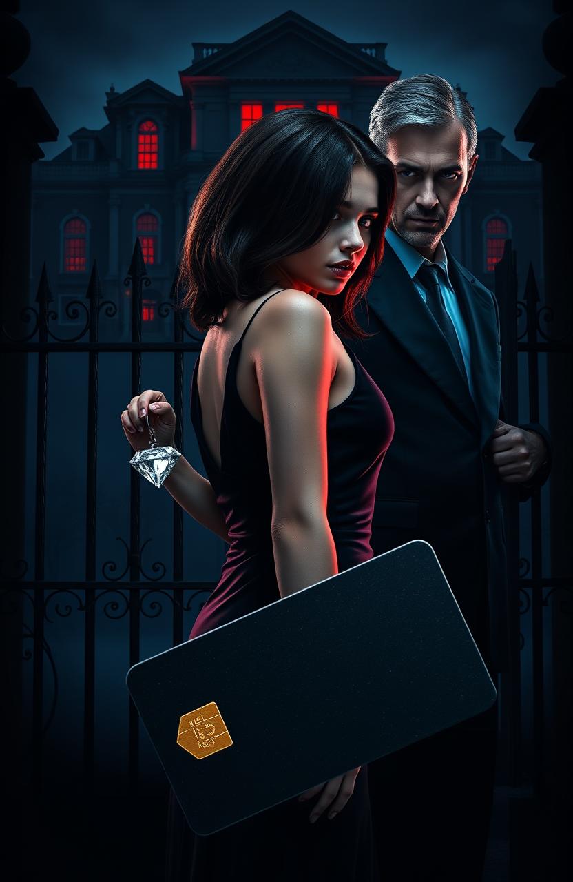 A dark and intense portrait-format cover featuring a mysterious girl with brown hair wearing a sleek black dress, standing with her back to the viewer and holding a stolen diamond in one hand