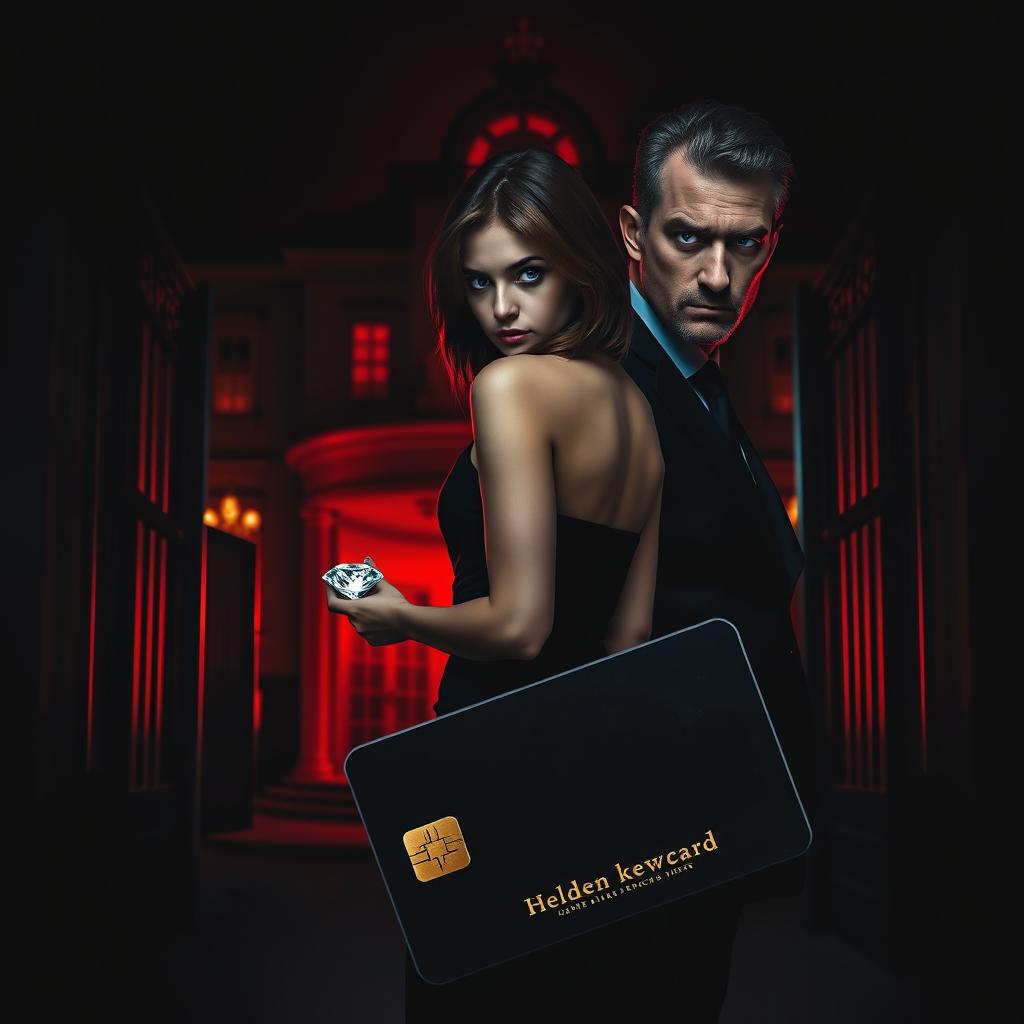 A dark and intense portrait-format cover featuring a mysterious girl with brown hair wearing a sleek black dress, standing with her back to the viewer, holding a stolen diamond in one hand