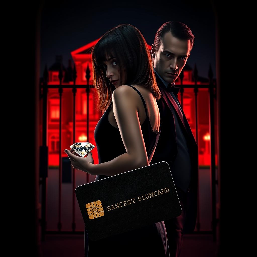 A dark and intense portrait-format cover featuring a mysterious girl with brown hair wearing a sleek black dress, standing with her back to the viewer and holding a stolen diamond in one hand