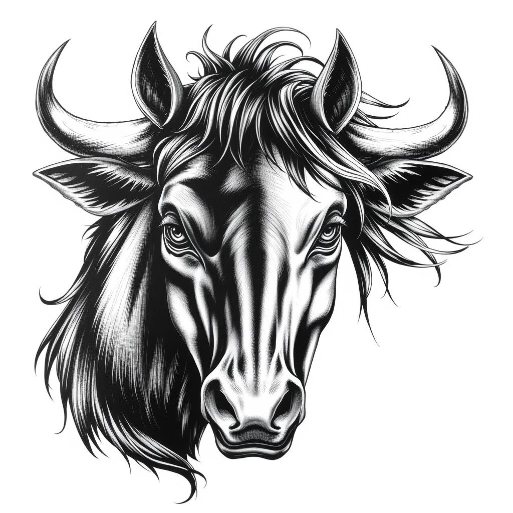 A striking black and white drawing featuring a terrifying combination of a bull and a horse