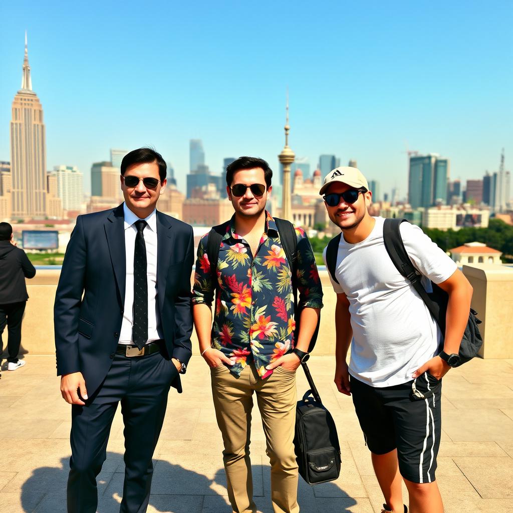 Three men traveling together, each dressed in distinct styles: one in a sleek business suit with a tie, another in casual attire with a colorful floral shirt and jeans, and the last in sporty wear with a cap and sneakers