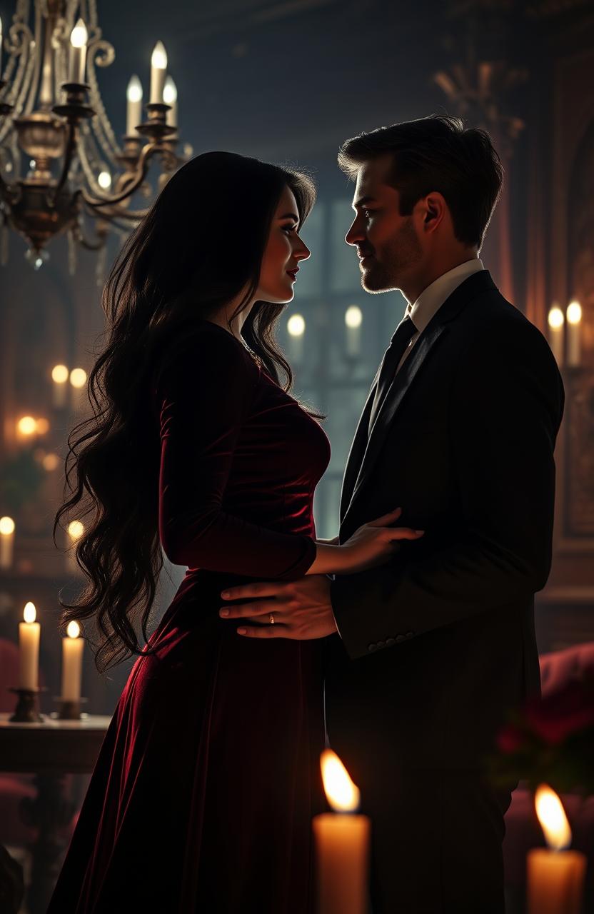 A captivating dark romance scene featuring a mysterious couple in a dimly lit, romantic setting