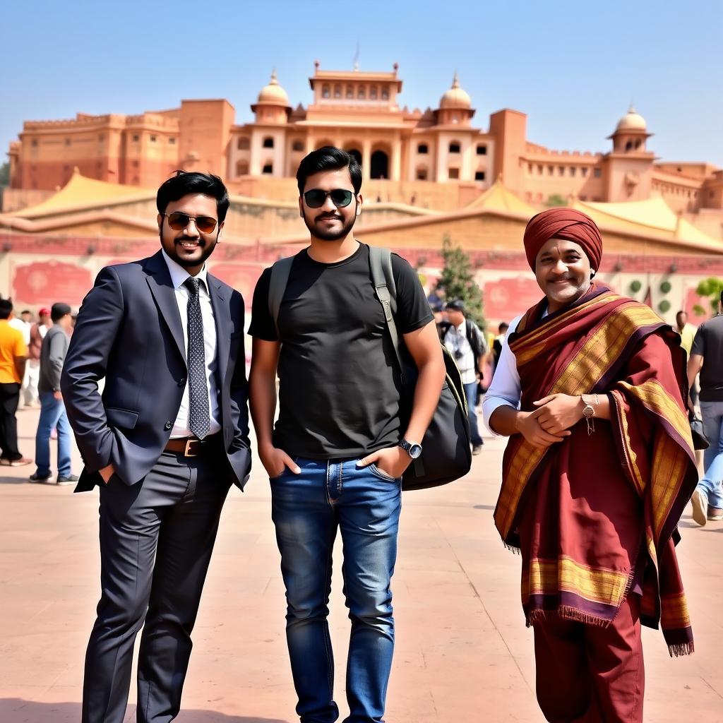 Three men traveling together, each dressed in distinct styles: one in a sharp business suit, another in a casual t-shirt and jeans, and the third in traditional cultural attire