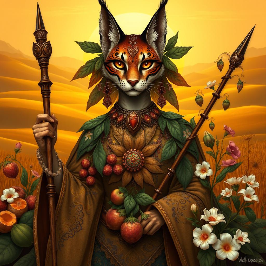 A majestic portrayal of a female Tabaxi goddess of harvest, elegantly adorned with intricate nature-inspired garments made of flowing leaves and floral patterns