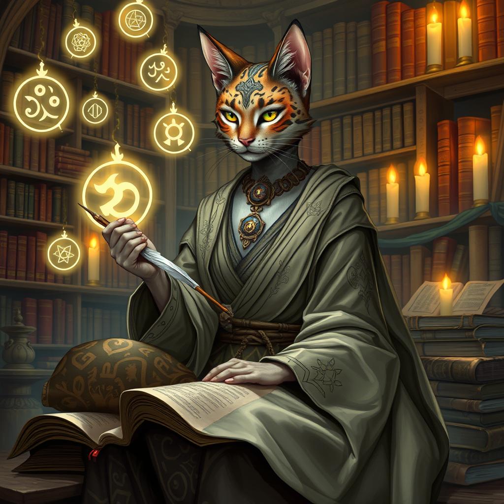 A serene depiction of a Tabaxi catfolk goddess of knowledge and writing, embodying wisdom and grace