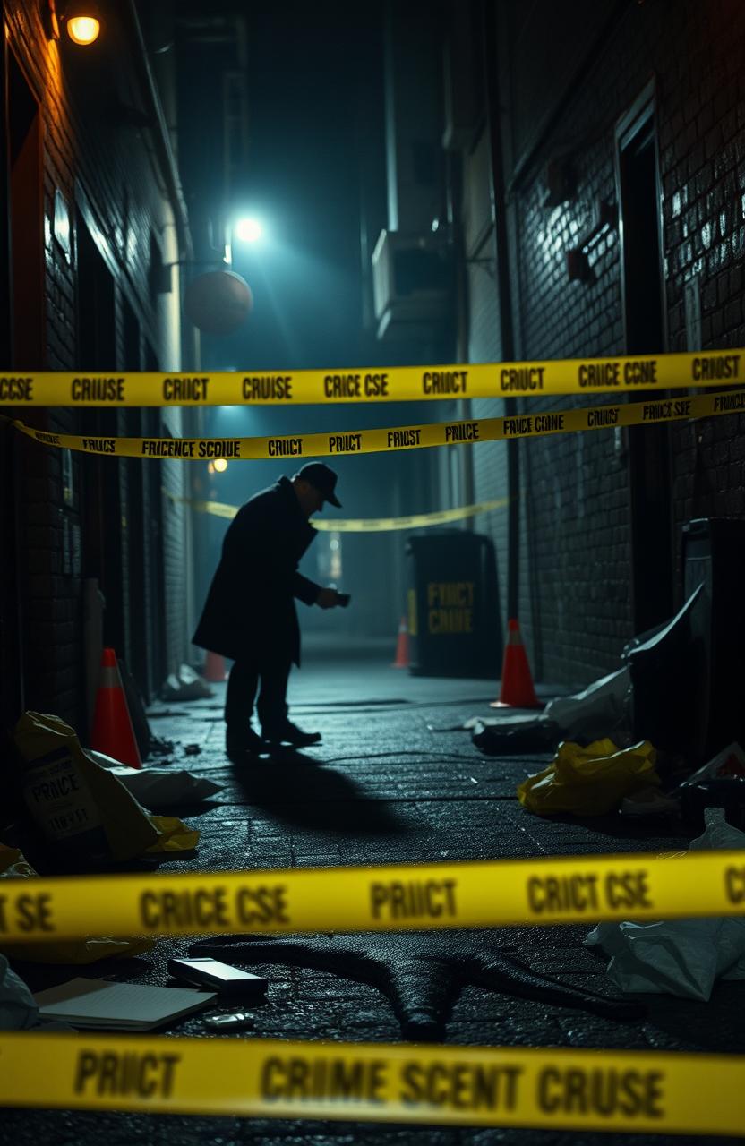 A highly detailed forensic scene, showcasing a crime scene investigation