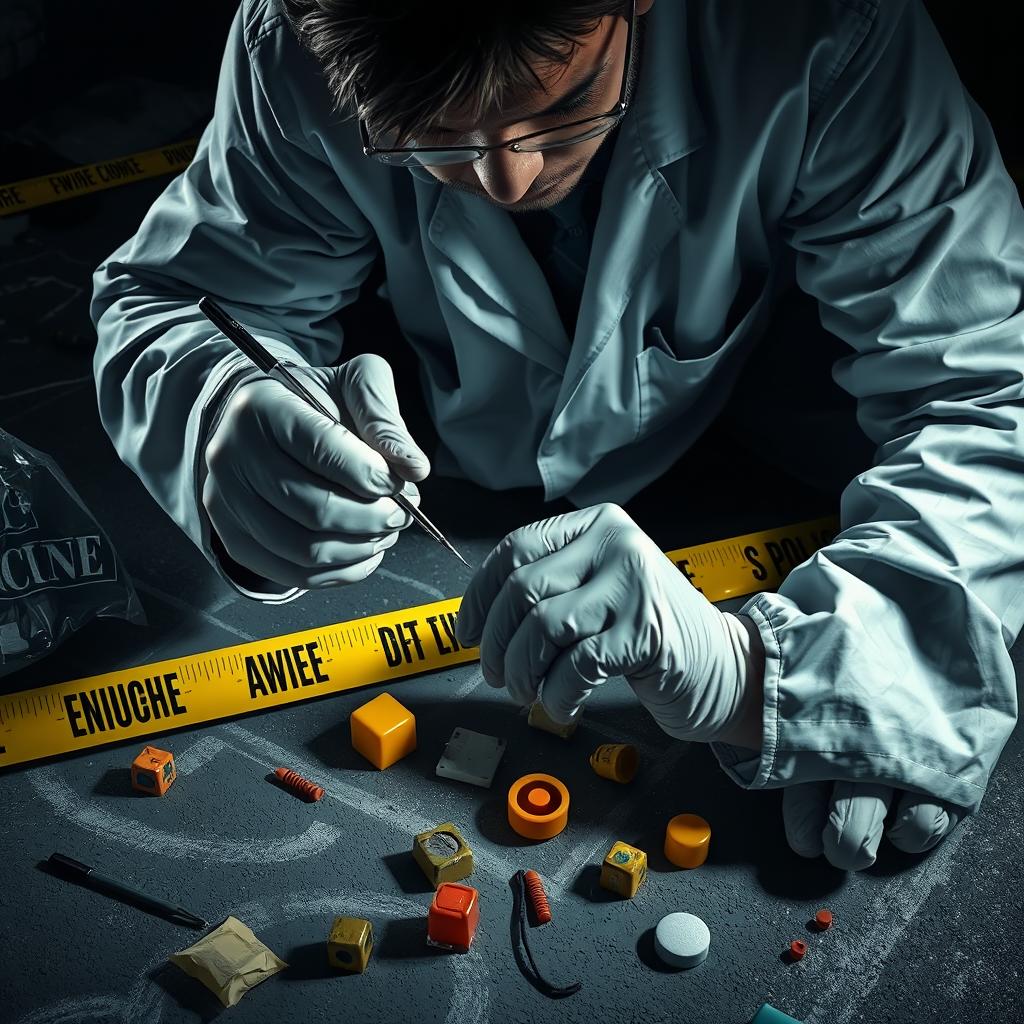 An intricate forensic investigation scene depicting a meticulous crime scene analysis