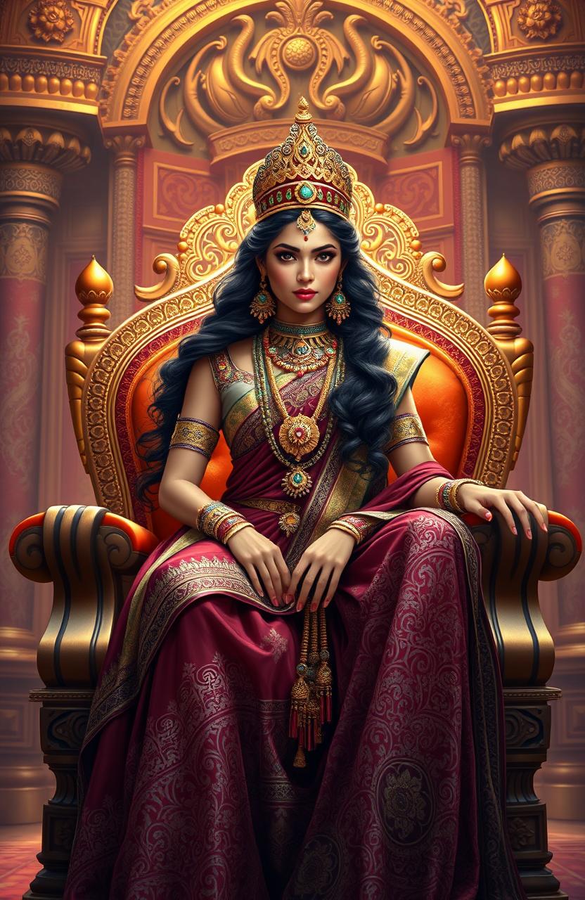 A beautiful digital painting of an ancient Indian brave queen seated in a majestic chair, embodying strength and grace