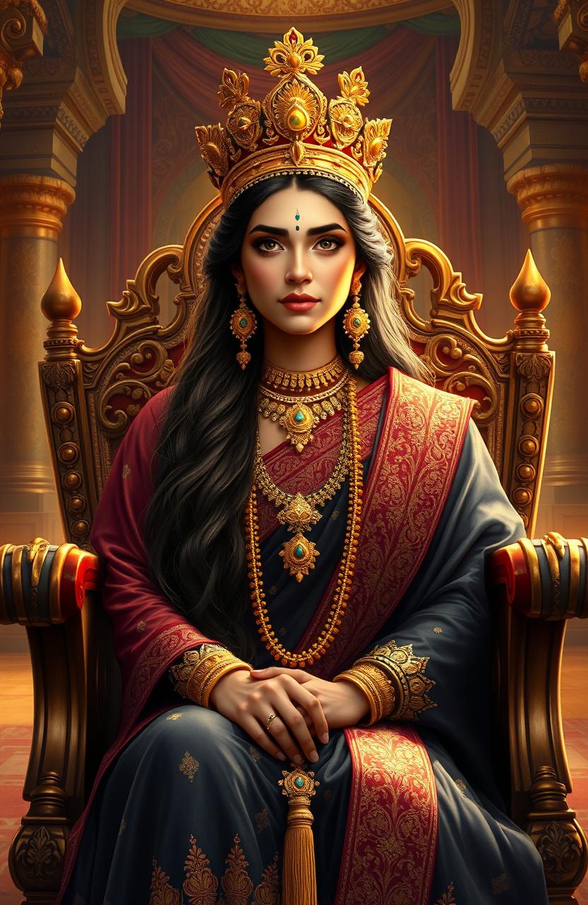 A beautiful digital painting of an ancient Indian brave queen seated majestically in her ornate chair