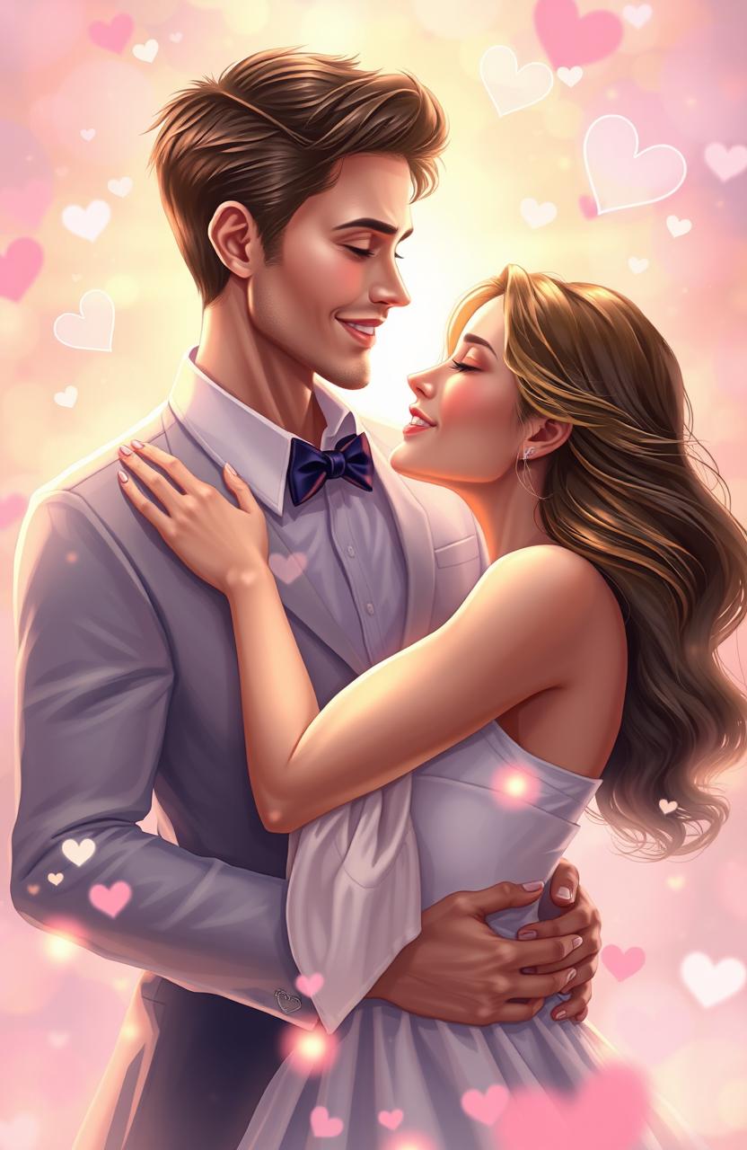 A stunning digital painting of a beautiful couple embracing, surrounded by a radiant atmosphere symbolizing love