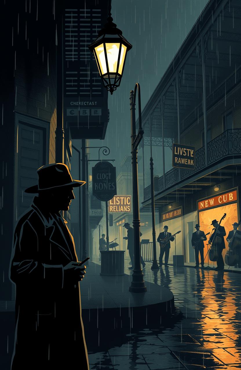 A noir-style illustration depicting a dramatic crime scene set in New Orleans