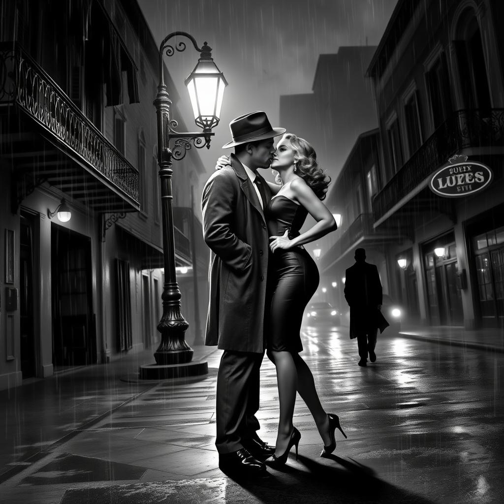 A black and white noir scene depicting a dramatic love crime story set in New Orleans