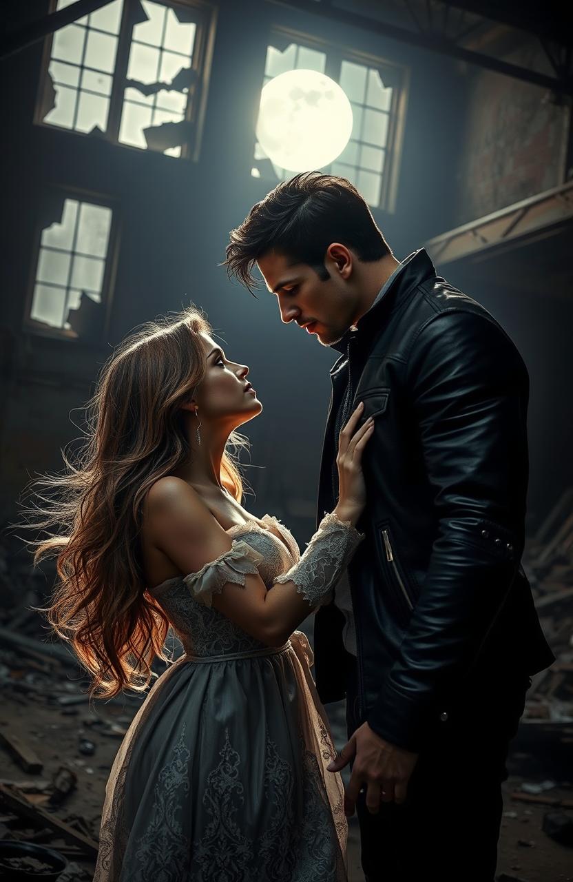 A dark romance scene depicting an intense confrontation between two lovers, their faces filled with emotion and passion under the moonlight