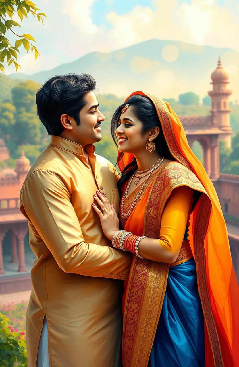 A beautiful digital painting of an Indian couple, deeply in love, showcasing the symbol of love