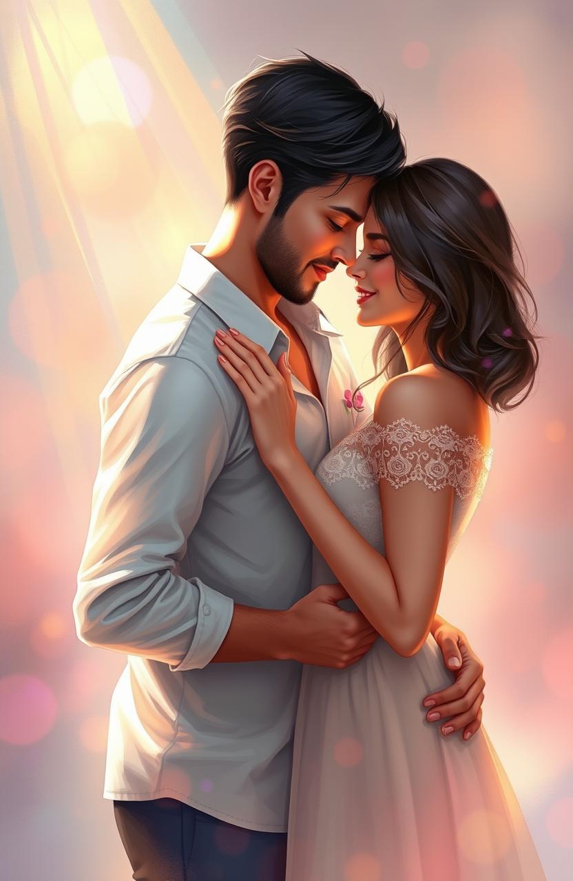 A beautifully composed digital painting featuring a lovely couple, deeply in love, surrounded by a serene atmosphere