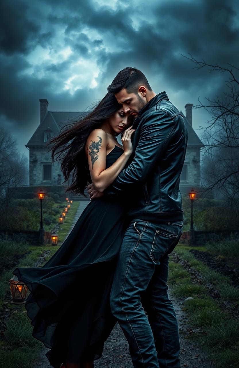 A captivating and mysterious scene from a dark romance thriller book, featuring an enigmatic couple entwined in an intense embrace under a stormy sky, the air thick with tension