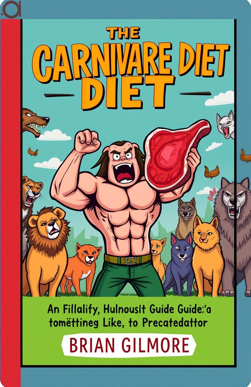 A visually engaging and humorous ebook cover design for 'The Carnivore Diet: Meat Myths and Madness, A Hilariously Honest Guide to Eating Like a Predator' by Brian Gilmore