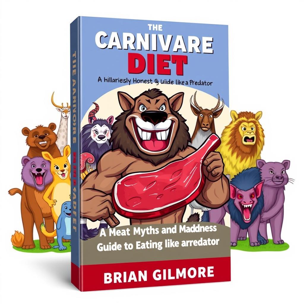 An engaging and humorous ebook cover design for 'The Carnivore Diet: Meat Myths and Madness, A Hilariously Honest Guide to Eating Like a Predator' by Brian Gilmore