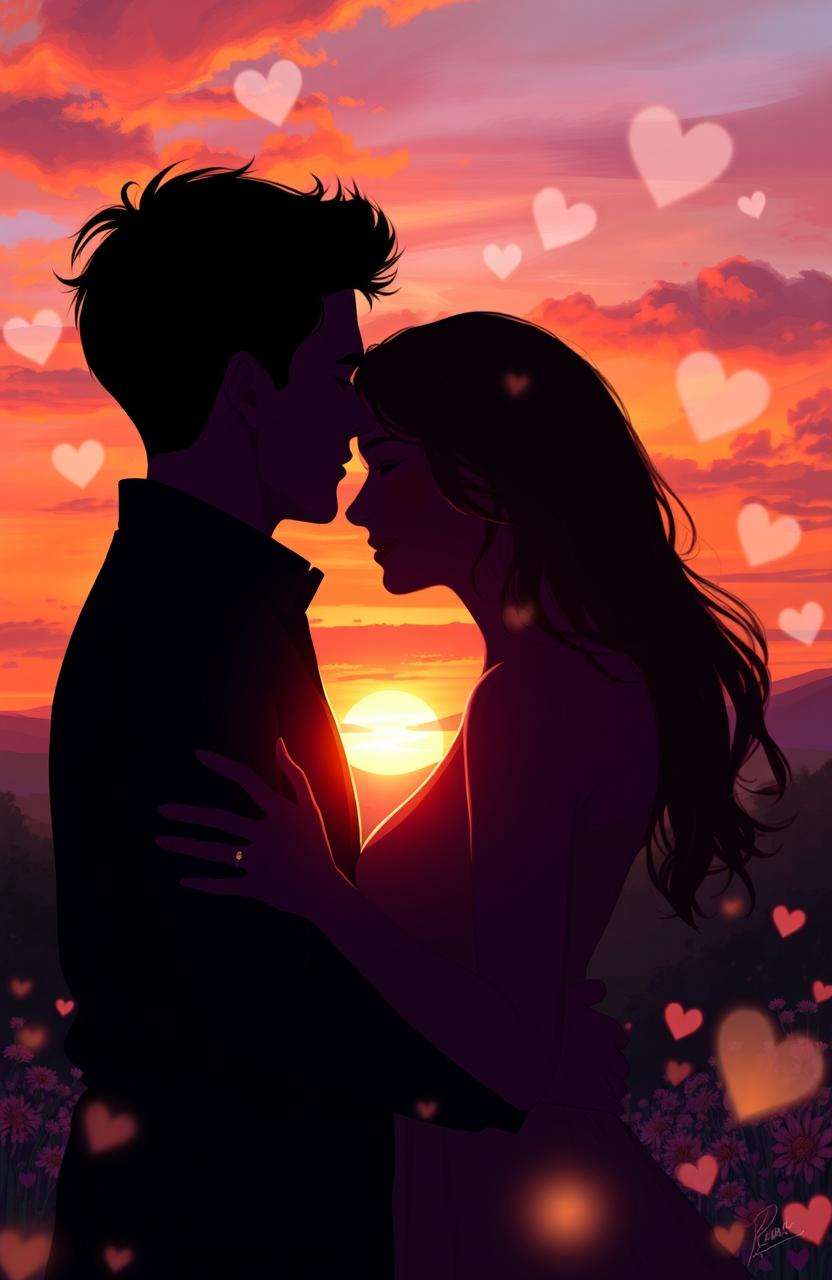 A beautiful digital painting featuring a couple in a loving embrace, silhouetted against a vivid sunset