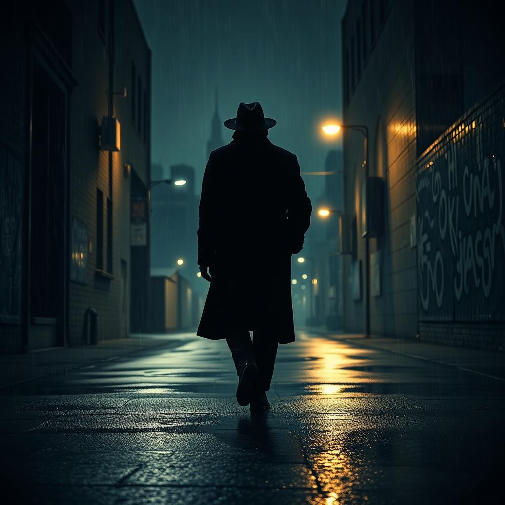 A suspenseful scene from a thriller movie: a shadowy figure is creeping through a dimly lit alley, illuminated by flickering streetlights