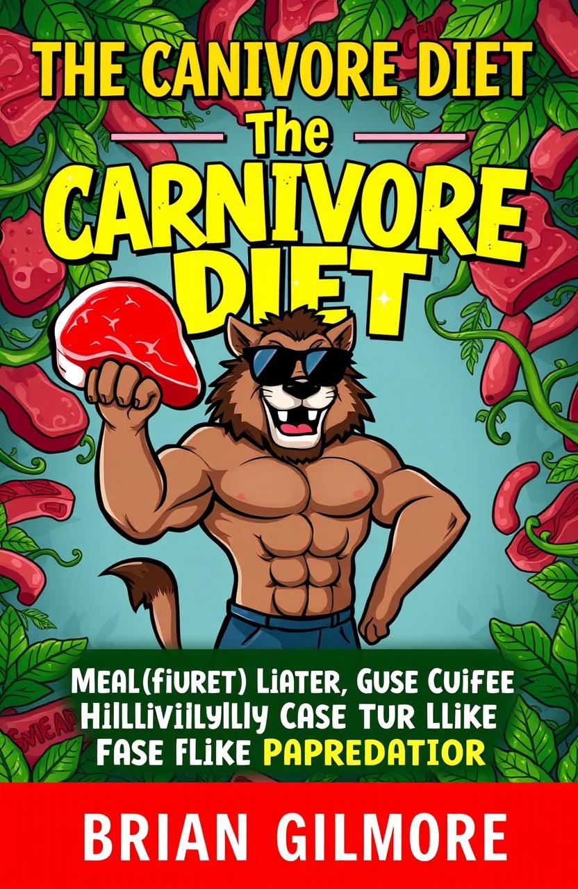 A humorous and engaging ebook cover design for 'The Carnivore Diet: Meat Myths and Madness - A Hilariously Honest Guide to Eating Like a Predator' by Brian Gilmore