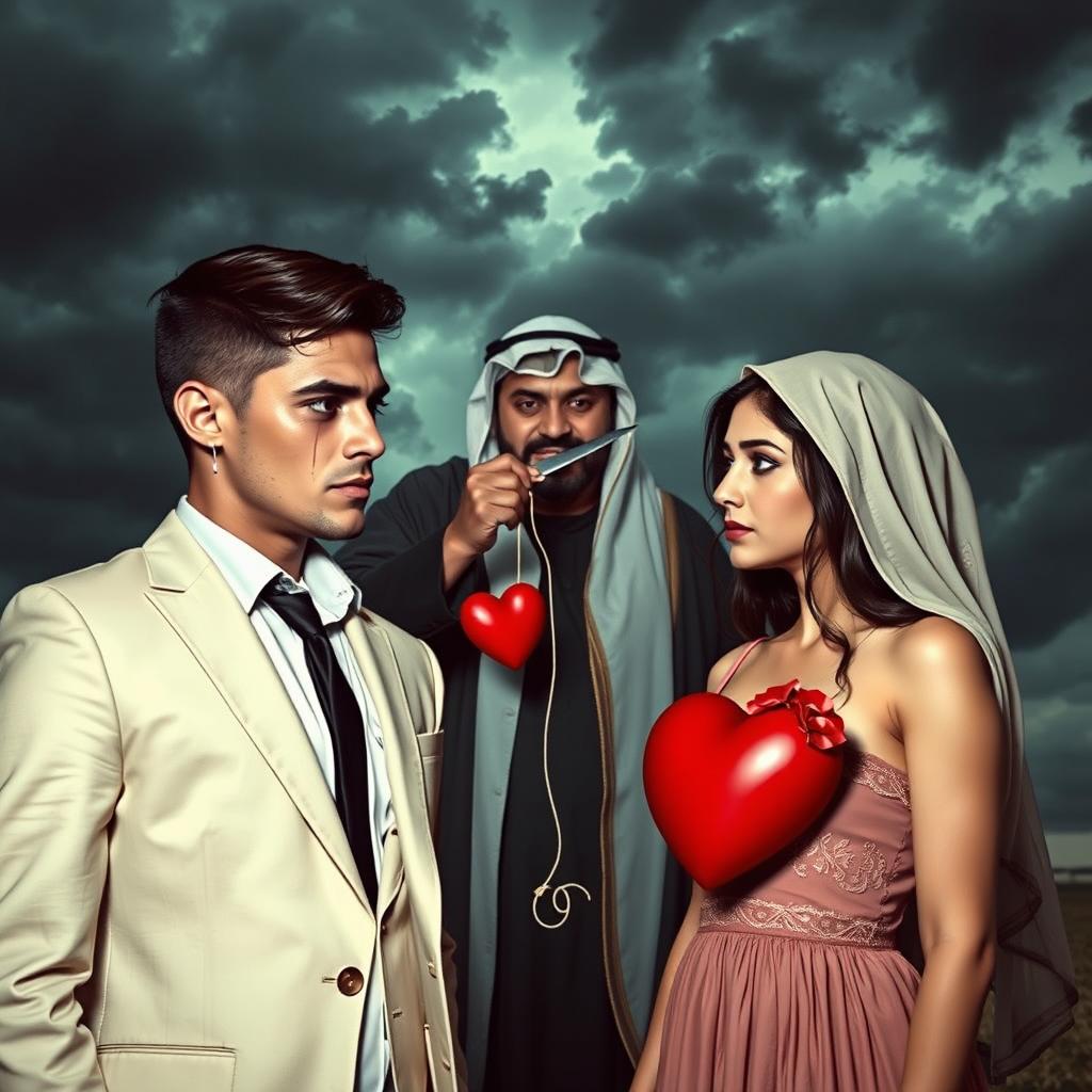 A sad 24-year-old man wearing a stylish suit, tears streaming down his face, stands facing a beautiful 21-year-old woman, also displaying a look of sorrow