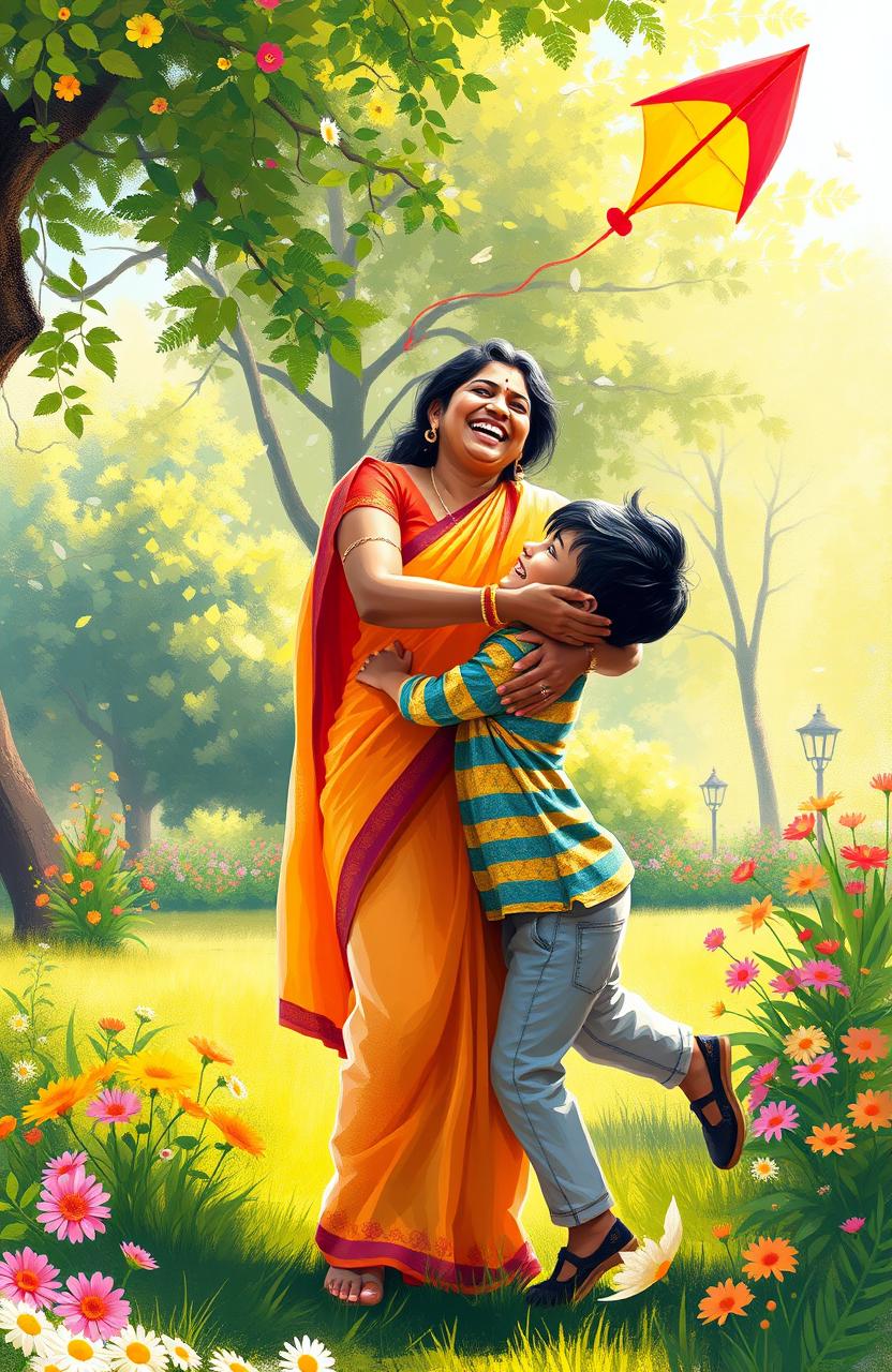 A beautiful digital painting depicting a joyous scene of an Indian mother playing with her young son