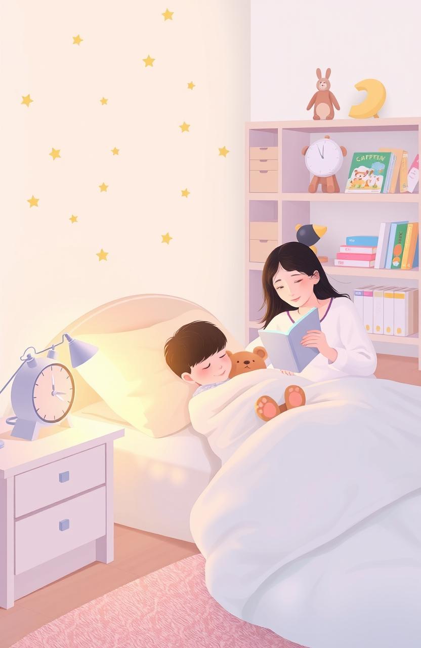 A serene bedroom scene illustrating a peaceful bedtime routine for children