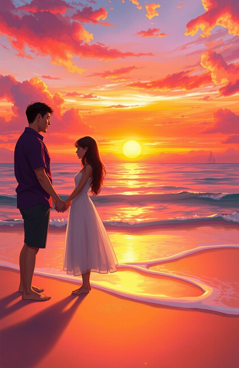 A romantic digital painting of a couple standing together by the sea at sunset