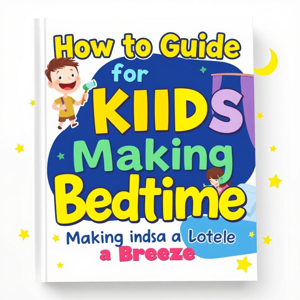 An engaging and colorful cover design for a children's guide titled 'How to Guide for Kids: Making Bedtime a Breeze'