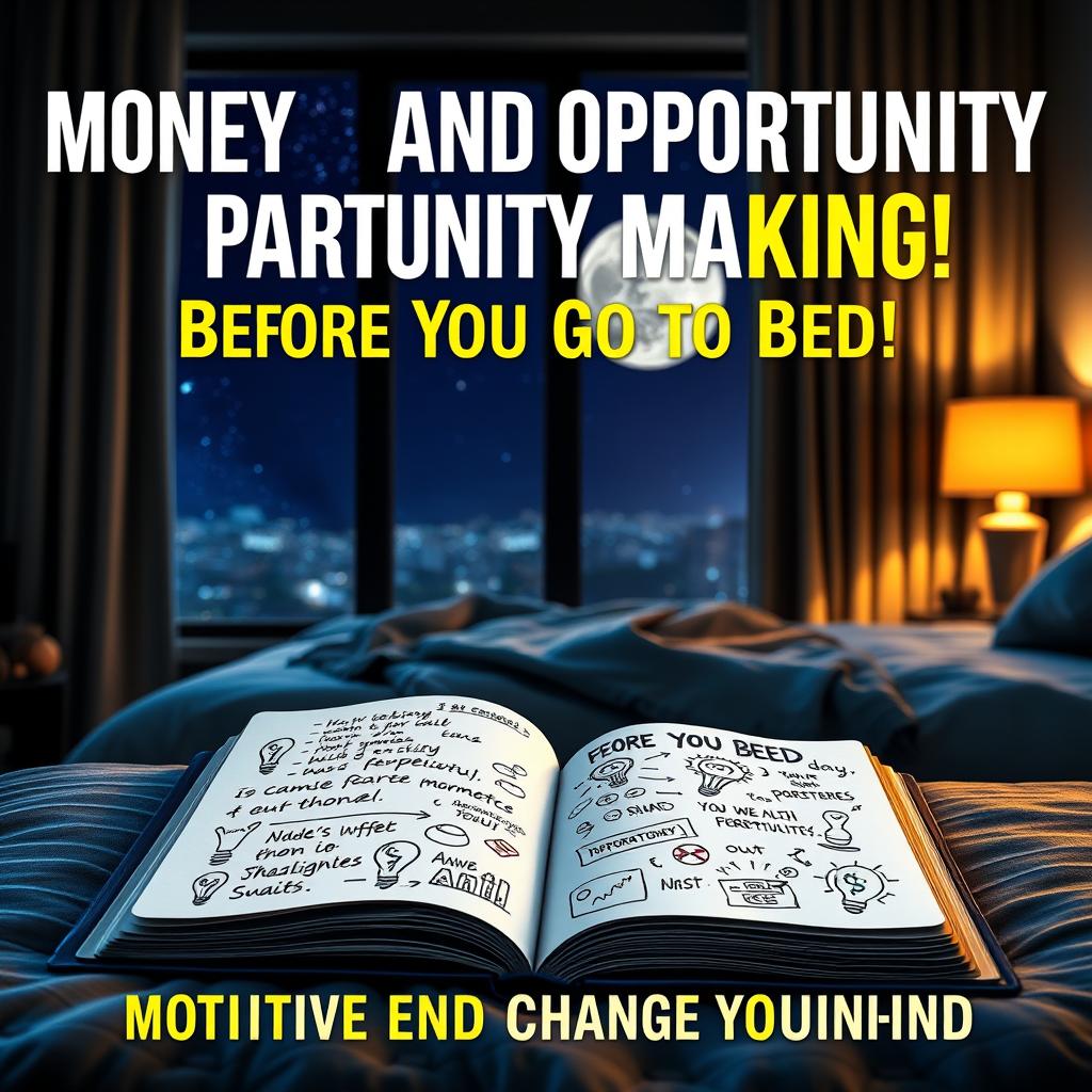 A visually striking book cover design for 'Money and Opportunity Making - Before You Go to Bed! Motivate and Change Your Mind'