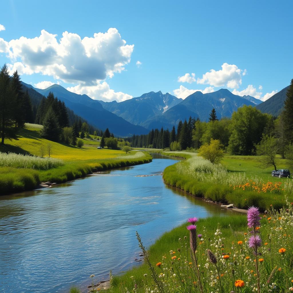 A serene landscape featuring a calming river winding through a lush green valley, with vibrant wildflowers blooming on the riverbanks