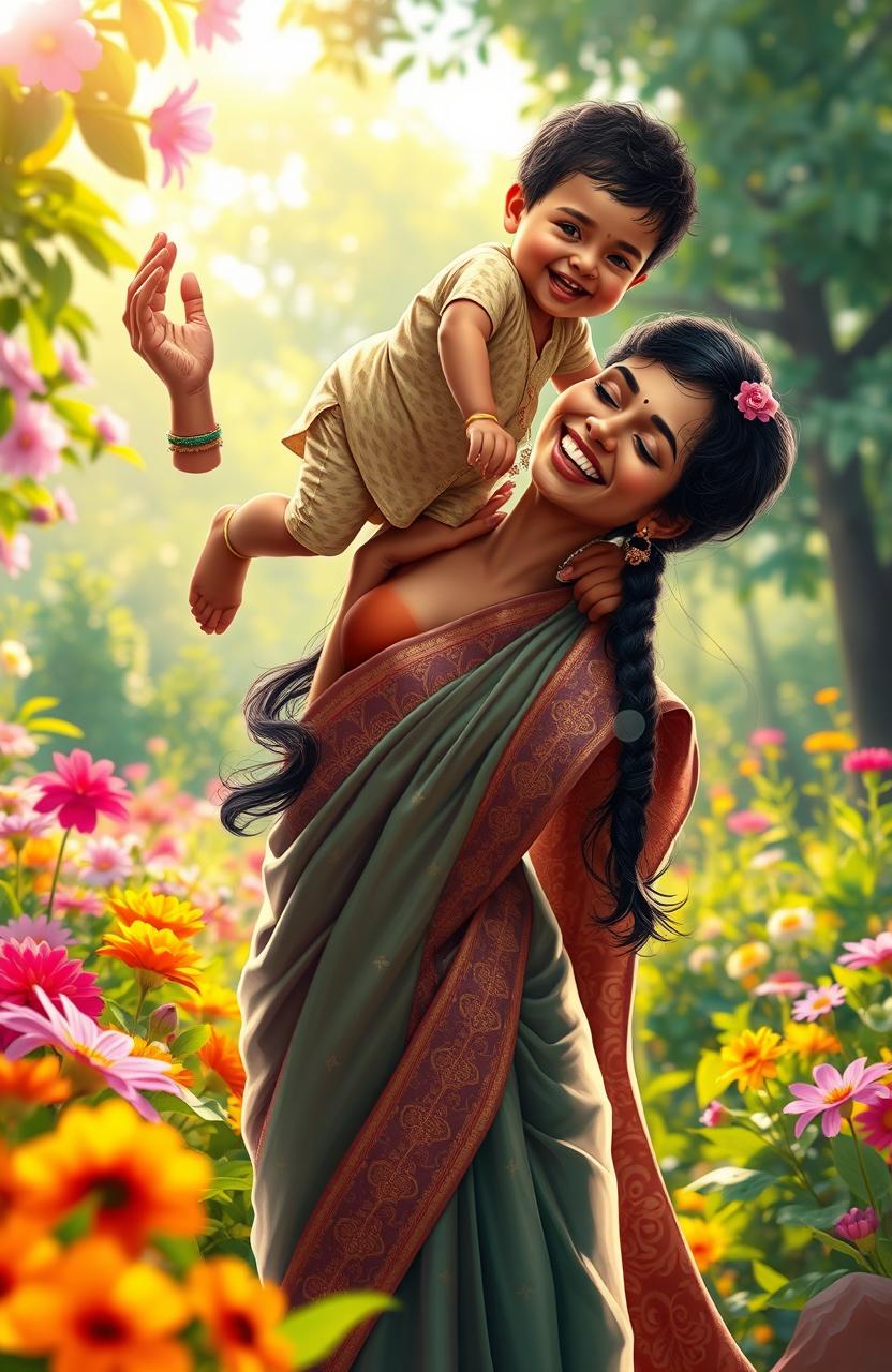 A beautiful digital painting of an Indian mother joyfully playing with her young son in a vibrant, colorful garden