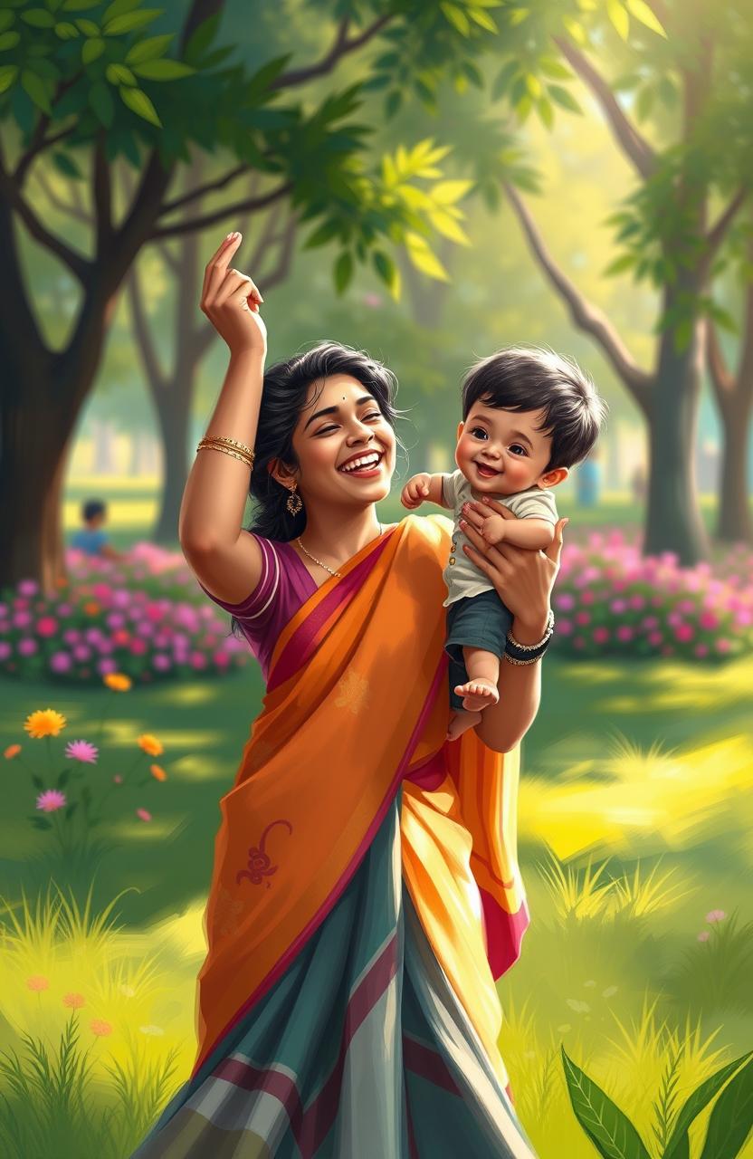 A heartwarming digital painting depicting an Indian mother joyfully playing with her young son, evoking a sense of nostalgia