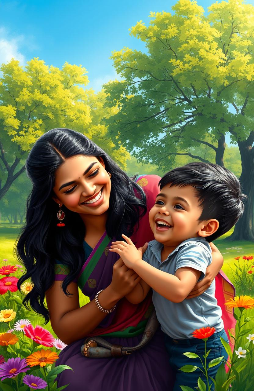 A beautiful digital painting depicting an Indian mother joyfully playing with her son in a picturesque childhood scene