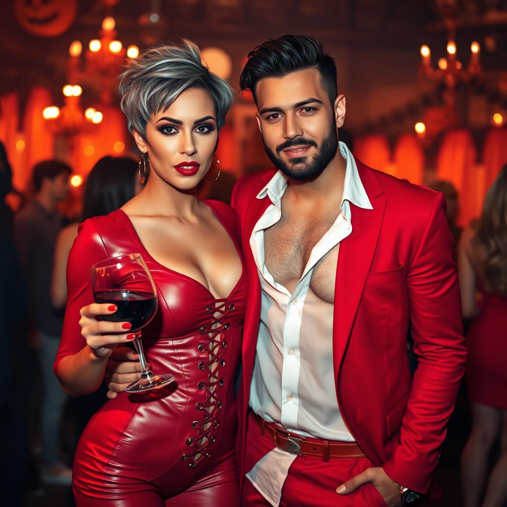 A Halloween party setting featuring a confident woman in a revealing red leather bodysuit with intricate lace-up details, holding a glass of red wine, her short, messy, textured pixie gray hair framing her face