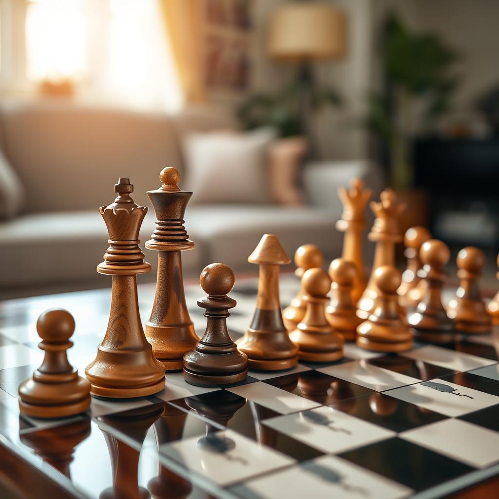 A beautifully arranged chess set, featuring elegantly crafted wooden pieces in rich mahogany and maple colors, with a shiny black and white checkered board