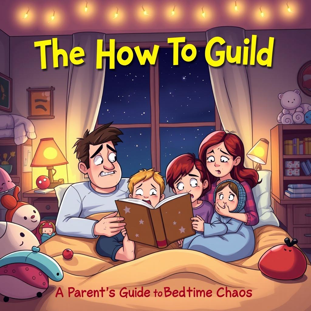 A whimsical movie cover titled 'The How To Guild', depicting a humorous and relatable scene of parents trying to get their kids to sleep