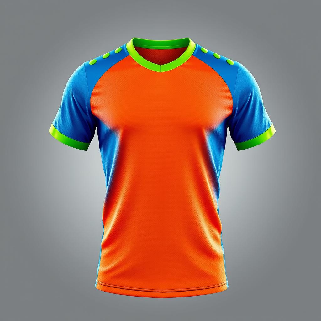 A vibrant sports jersey design featuring a striking base color, previously blue, now transformed to a bright orange