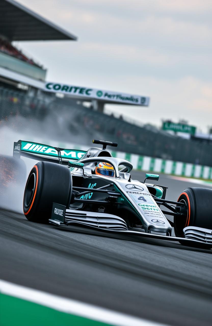 A stunning and dynamic representation of a Mercedes AMG Formula 1 car racing on a track, capturing the speed and engineering prowess