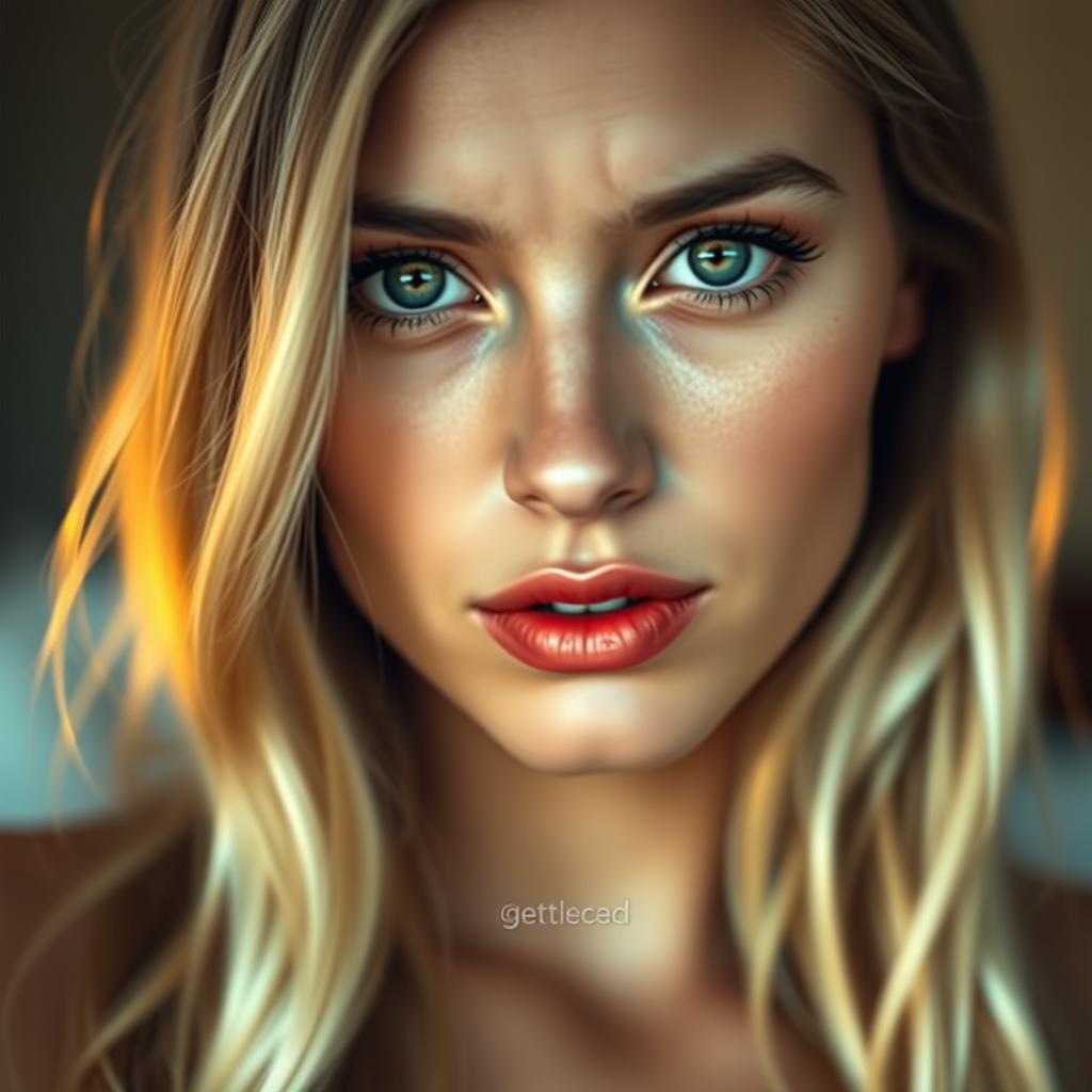 A stunning woman with beautiful, slightly wavy blonde hair cascading down her shoulders