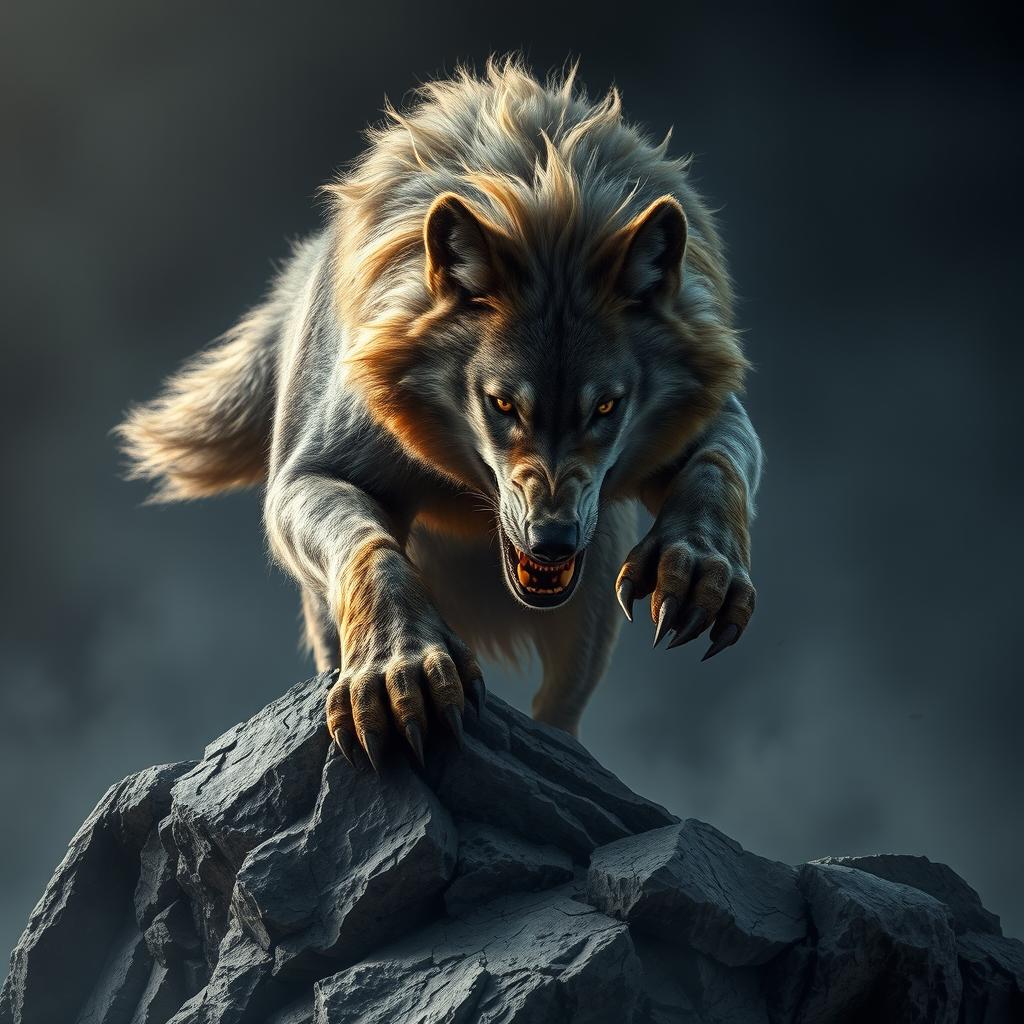 A gigantic, fierce wolf leaps from a steep rock, its tousled fur billowing in the wind