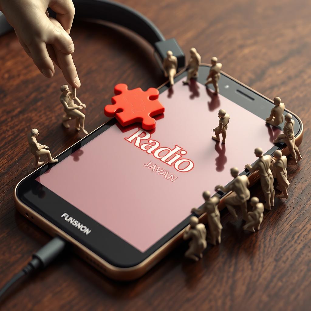 A realistic scene depicting a smartphone with headphones, featuring a screen divided into a vibrant red puzzle