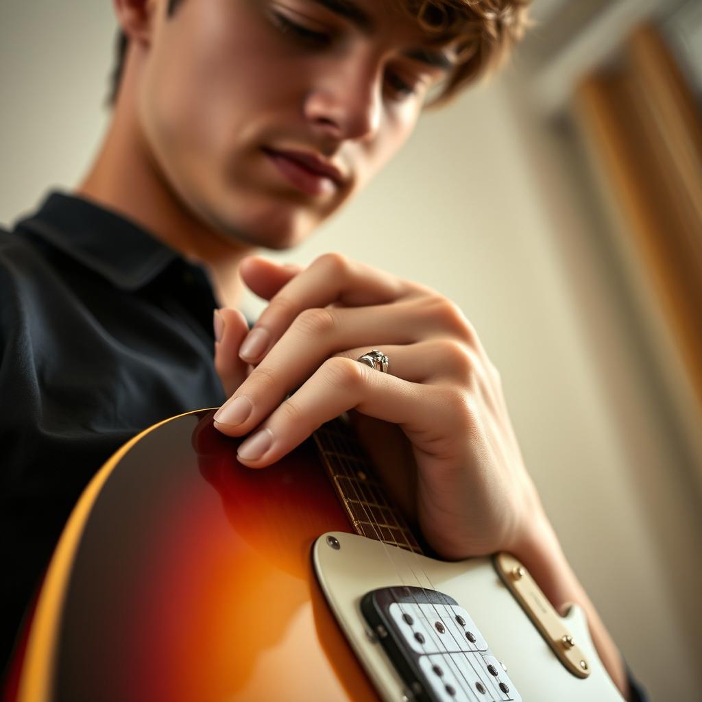 A realistic image featuring a young man with short hair, holding his electric guitar tenderly from a low-angle perspective