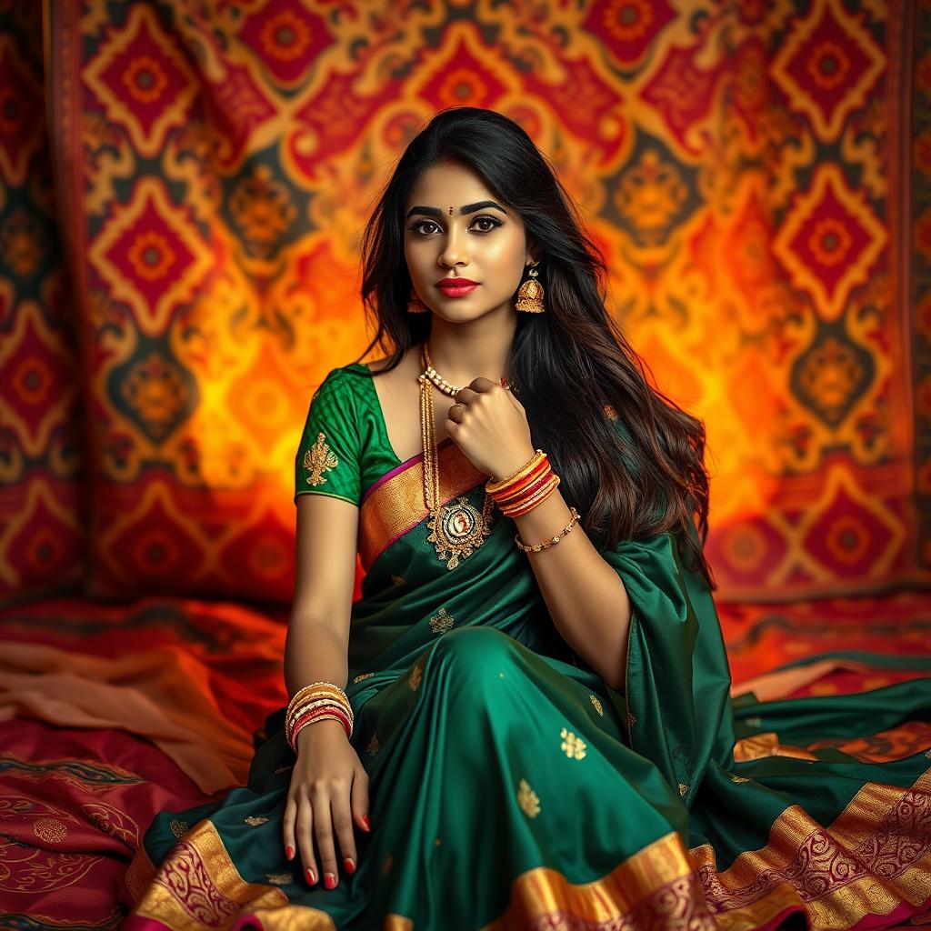 A young woman sitting gracefully in a beautifully adorned traditional Indian saree, draped elegantly