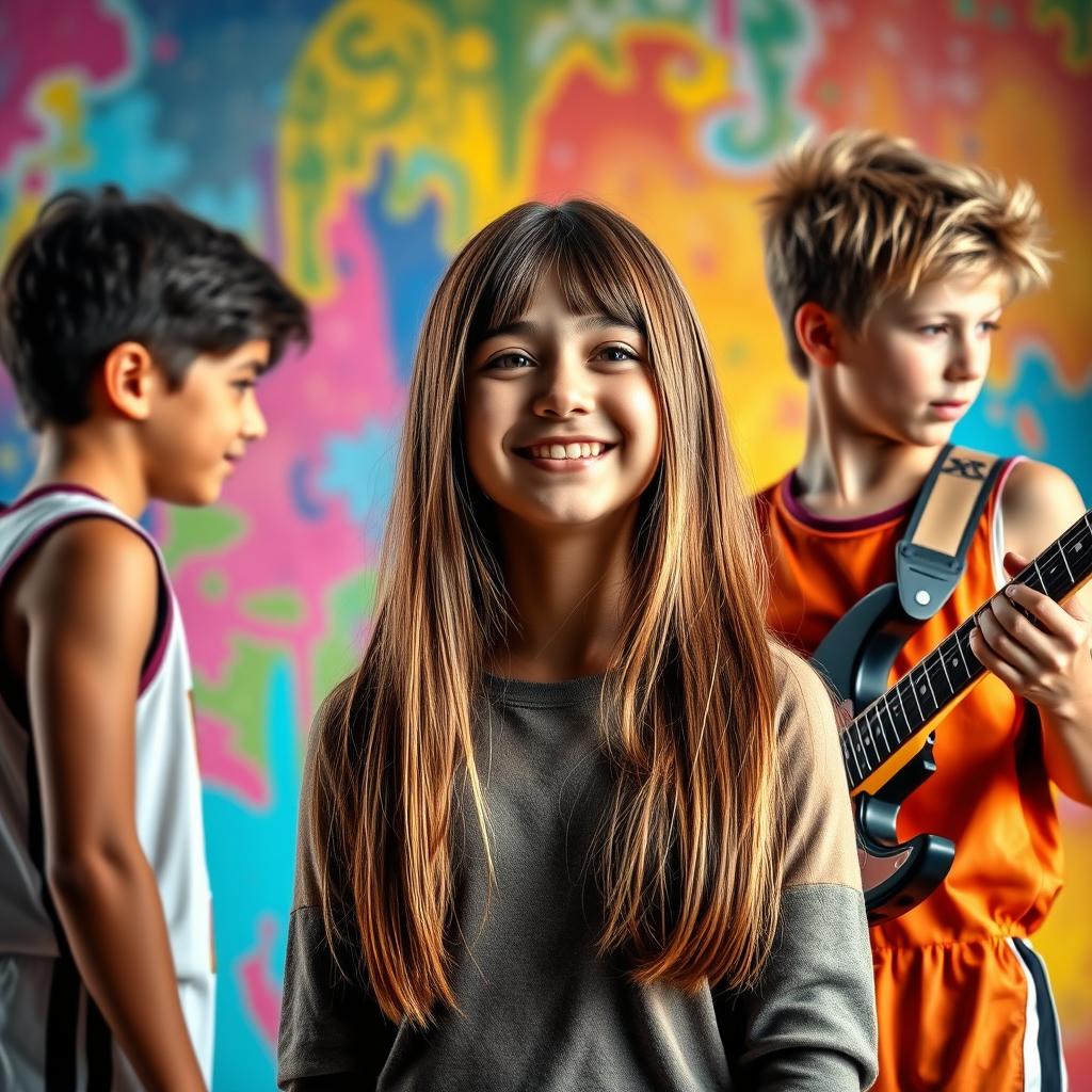 A vibrant and engaging cover image featuring real people, centered on a girl with straight brown hair, exuding a cheerful expression