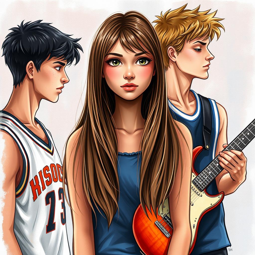 A realistic book cover featuring a teenage girl with straight brown hair in the center of the image