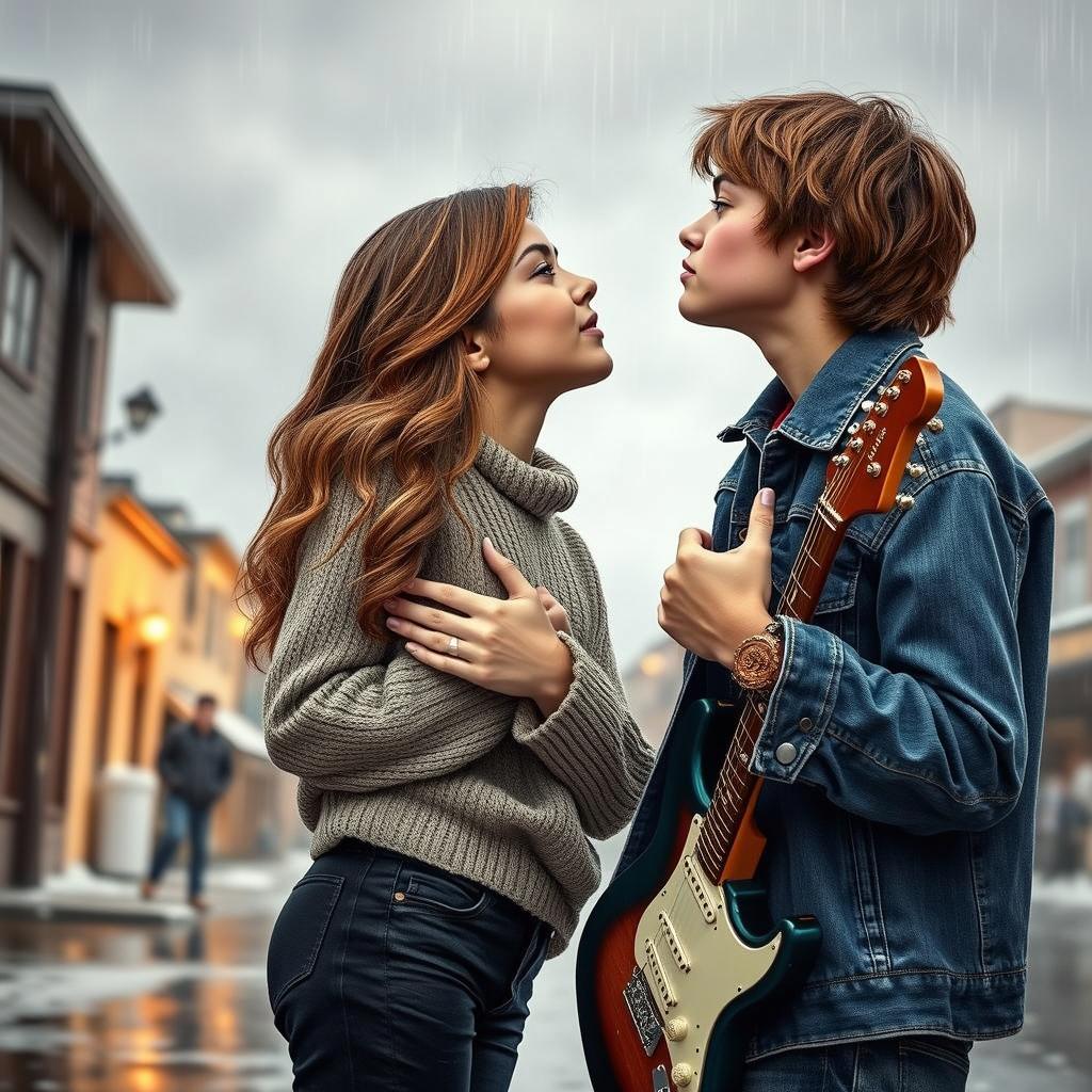 A dramatic romantic scene between a young couple in a rainy urban setting